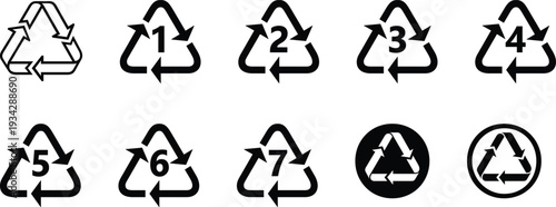 Recycling symbol icon set with plastic codes. Environmental waste management labels for packaging and sustainability design. Clean vector collection ideal for print, product marking, and eco branding.