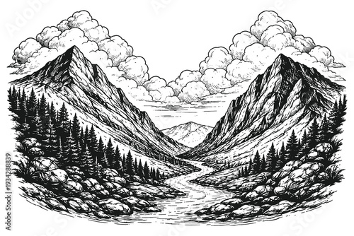Serene Mountain Valley Vector Illustration in Classic Woodcut Style Featuring a River Flowing Between High Peaks and Dense Pine Forest Under Clouds