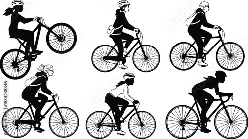 Minimalist vector side view six bicycle silhouettes of diverse riders performing different cycling actions with helmets backpacks and sporty posture on white background bold graphic contrast
