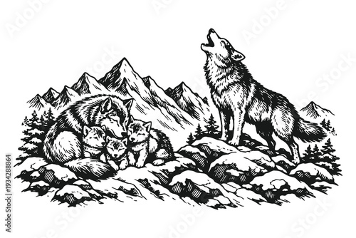 Majestic Wolf Howling Vector Illustration in Vintage Engraving Style with Wolf Pack and Pups Resting on Rocks Against a Rugged Mountain Peak Landscape