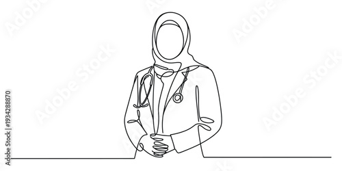 Minimalist continuous line art of muslim female doctor with hijab and stethoscope