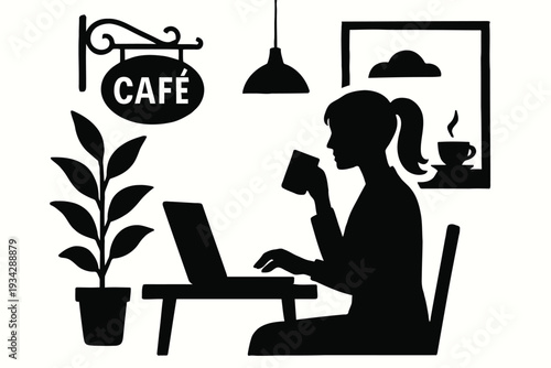 A minimalist black silhouette depicts a woman working at a caf with a plant