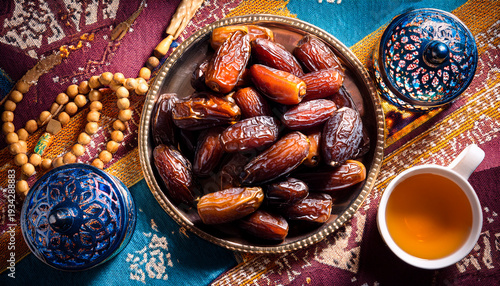 Celebrating an Islamic festive occasion with tea, dates, and prayer beads Generative AI