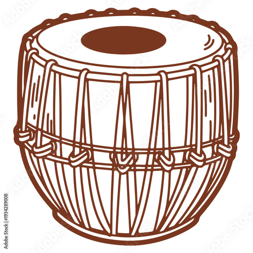 Stylized Illustration of a Tabla Drum with Brown Outline and Artistic Design Elements for Cultural Concepts
