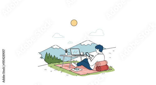 A woman works remotely on her laptop while sitting on a blanket in a serene outdoor setting with mountains in the background, representing a peaceful lifestyle with a flat 2D design.