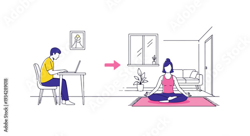 Flat 2D illustration of a man working remotely on a laptop at a desk and a woman practicing yoga on a mat in a peaceful living room, conveying a healthy work-life balance and lifestyle.