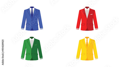 Four stylish suits displayed in vibrant colors for professional and casual wear.