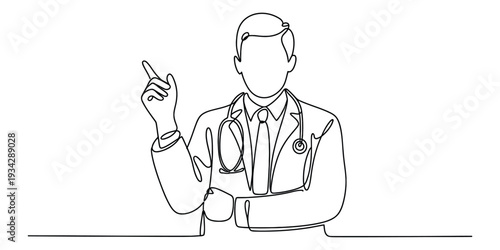 Continuous line drawing of a male doctor pointing up