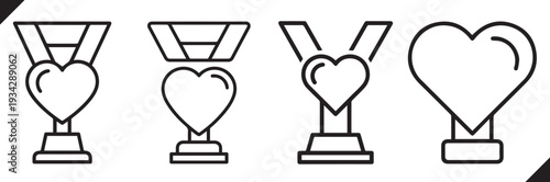 "minimalist black line icon, trophy or medal shaped like a heart for appreciation, thin outline only, no fill, pure white background, simple clean stroke, modern flat icon style"