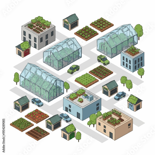 Isometric Rooftop Gardens and Greenhouses Illustration.