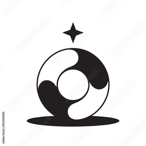 Abstract black and white lifebuoy or floating ring with a star above, stylized design for safety, rescue, or nautical themes, vector graphic on transparent background