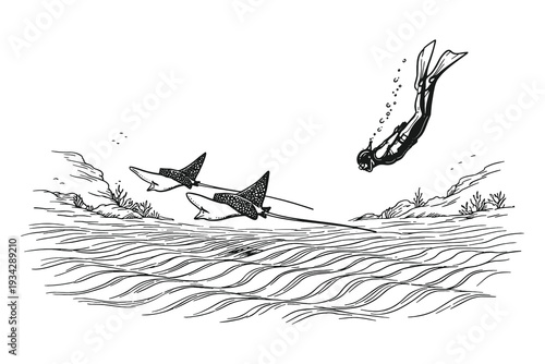 Black and White Line Art Stingray and Free Diver Vector Illustration in Vintage Engraving Style, Minimal Underwater Marine Landscape Scene