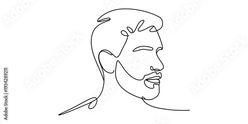Minimalist continuous line art of a bearded man's profile