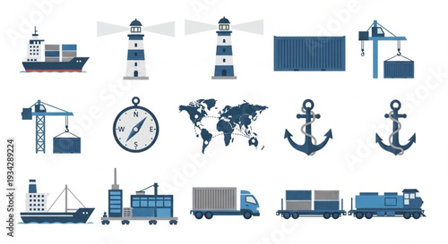 Maritime and Logistics Icons Set.
