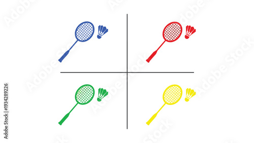 Four colorful badminton rackets with different designs and ball types