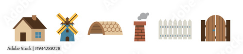 Various flat design village elements including houses, windmills, fences, and gates in a simple illustration.