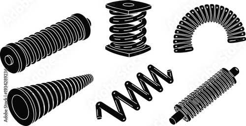 Minimalist vector art close up set of mechanical springs and coils showing varied angles isometric perspective low angle detailed metal texture monochrome isolated on white background