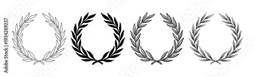 Four distinct laurel wreaths designs showcasing various artistic styles and textures, perfect for emblems and awards.