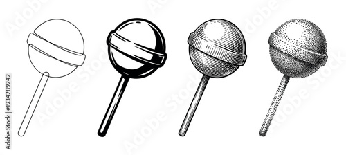 Four different styles of a classic lollipop illustration set showcasing various artistic techniques for confectionery design.
