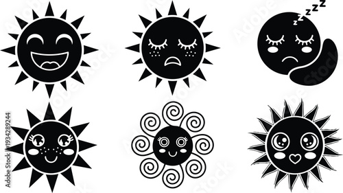 Vector art cute sun faces set showing smiling sleepy surprised blushing starburst suns in flat minimal style front view playful expressive icons for children morning night