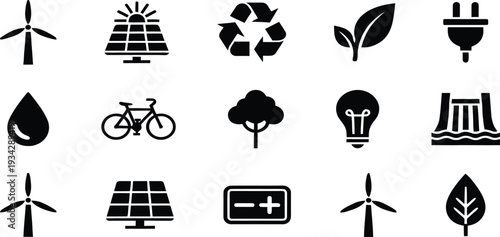Green Energy Icons: A collection of meticulously crafted, clean-lined icons representing essential components of green energy and sustainable practices.