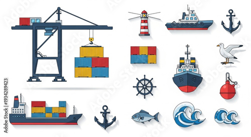 Maritime and Shipping Industry Icons Set.