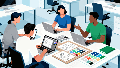 Four colleagues collaborate around a bright, modern table. They use laptops, sketch pads, and color palettes for design work. Focused expressions show teamwork and creative problem-solving