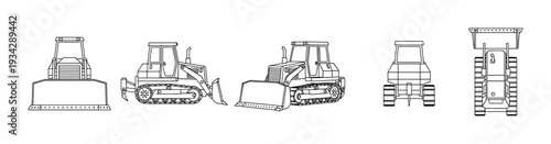 Powerful construction bulldozer shown from various angles, including front, side, and top views, for heavy earthmoving work.
