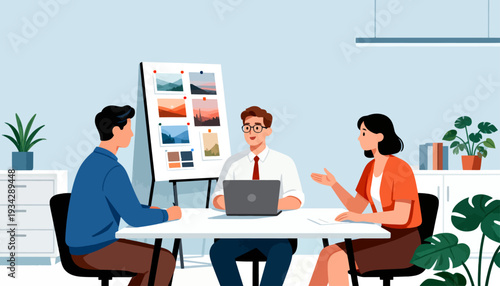 Three colleagues meet around a table. One person gestures while speaking. Another listens, focused on a laptop. The third observes with attentive interest