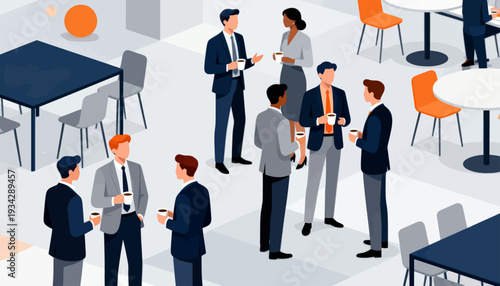 Busy professionals chat in a modern office lounge. Dressed in business attire, they engage in friendly conversation. Coffee cups held, they smile and gesture naturally