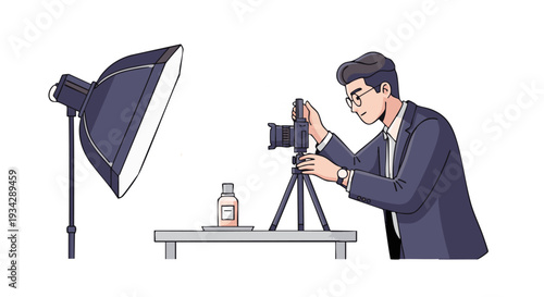 vector illustration of a entrepreneur character adjusting smartphone camera on tripod