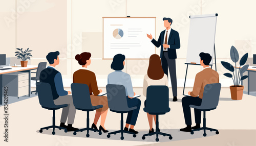 Professional presenter leads a corporate training session. Audience members sit attentively, engaged in learning. Soft lighting enhances focus and calm atmosphere