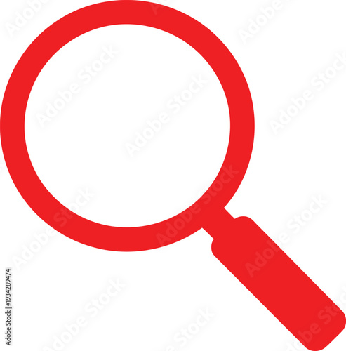 A bold red magnifying glass icon with a circular lens and handle.