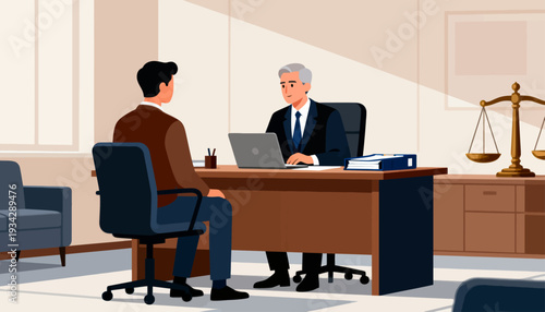 Professional man meets client in sleek office space. Client sits attentively, awaiting advice or guidance. Lawyer sits behind desk, focused on laptop screen. Scales symbolize justice, fairness