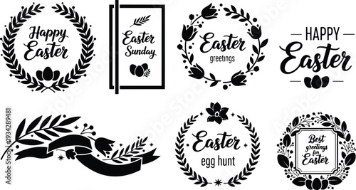Minimalist vector wreath badges with easter lettering and eggs floral elements arranged as decorative frames for holiday greeting card mockup black silhouette simple flat design isolated