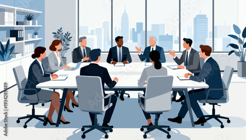 Business team gathers around sleek conference table. Modern office overlooks city skyline through floor-to-ceiling windows. Executives engage in animated strategy discussion
