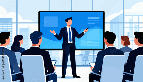 Businessman presents to attentive audience in modern conference room. He gestures confidently while standing before large digital screen. Attendees sit focused, dressed professionally in formal attire