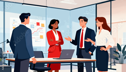 Four professionals discuss strategy at a modern conference table. One man gestures as he explains a business plan. Woman in red stands attentively, arms crossed