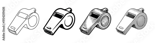 Four different artistic styles of a classic sports whistle are depicted in this vector illustration.