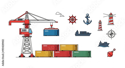 Maritime Industry Elements Crane Shipping Containers Lighthouse Anchor Ship Wheel.