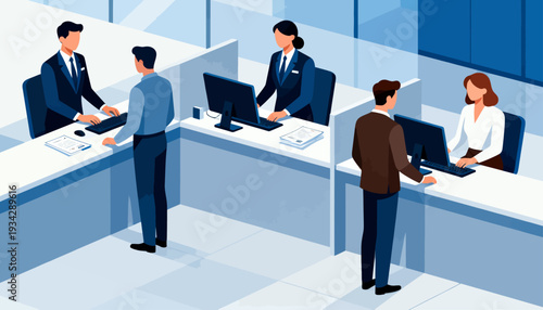 Modern bank lobby with calm, professional staff and clients. People interact calmly with computers and staff. Neutral expressions show focused, courteous engagement. Ideal for financial services