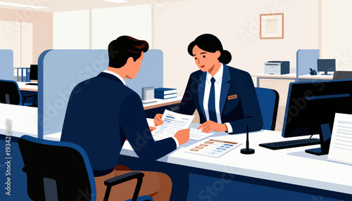 Professional woman and man collaborate at office desk. They review documents with focused, cooperative expressions. Modern workspace features cubicles, monitors, and organized surfaces