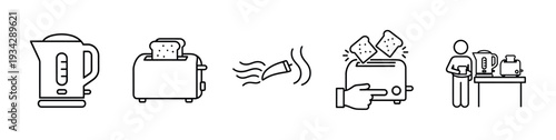 Breakfast preparation with electric kettle and toaster icons showing the process of making morning toast and hot drinks.
