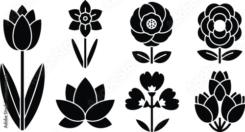 Minimalist flat vector flower icon set featuring black tulip lotus rose camellia daffodil close up row view isolated on white background simple silhouette design stacked column