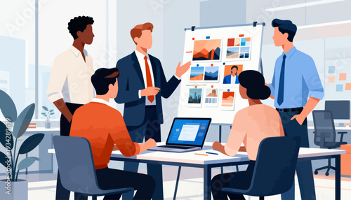 Team gathers around whiteboard, brainstorming together. Man in suit gestures, explaining ideas with enthusiasm. Others listen intently, nodding in agreement