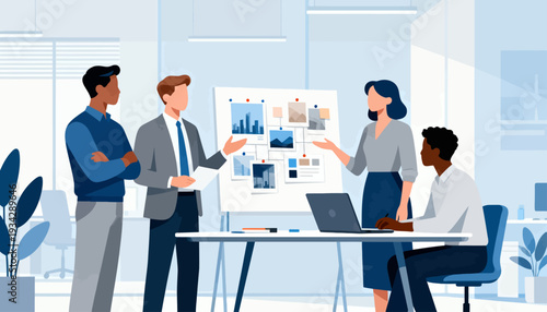 Team discusses strategy around a whiteboard in bright office. One man gestures while another listens attentively. Woman explains with open hands, showing data visuals