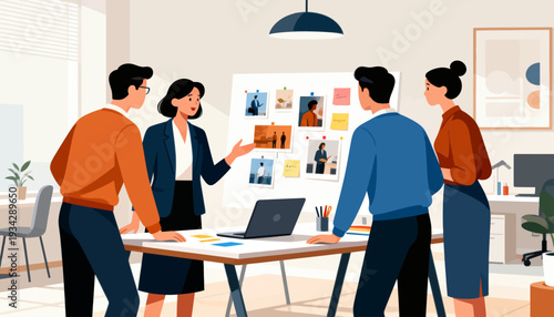 Four colleagues engage around a collaborative workspace. Woman gestures toward a shared visual board of ideas. Team members appear focused and engaged in discussion. Modern office features clean