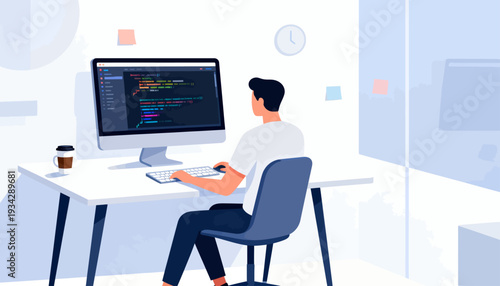 Programmer sits at a desk, focused on code. Coffee cup rests beside the monitor. Soft lighting fills the minimalist workspace. The coder's posture shows deep concentration