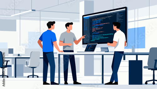Three developers collaborate around a large screen. They focus on coding, showing teamwork and innovation. The modern office features clean, minimalist furniture