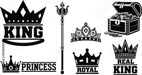 Vector art close up set of black crowns coronet and scepter with treasure chest and coins arranged on white background minimal flat design isolated bold graphic